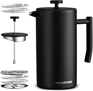 Large French Press Coffee Maker with Extra Filters for a Richer and Fuller Coffee Flavor, Designed with Double Wall Black Stainless Steel to Preserve Hot Coffee Temperature (50oz)