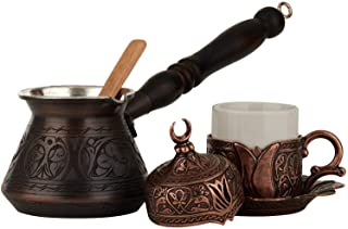 (Antique Copper) - DEMMEX 6 Pcs Turkish Greek Coffee Set for 1 with Engraved Copper Pot and Heavy Duty Cup Saucer Lid and Spoon (Antique Copper)