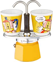 Bialetti - Mini Express Lichtenstein: El juego Moka incluye cafetera de 2 tazas (2.5 onzas) + 2 vasos de chupito, amarillo, aluminio