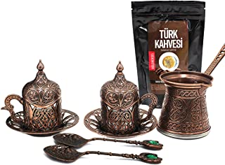 Juego de café turco Espresso Cooper para servir – 100 g de café turco – tazas de porcelana platillos 7 oz con mango de latón Cezve Pot 2 cucharaditas – Diseño bordado vintage grabado Jezve Ibrik Briki