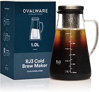 Cafetera hermética para café en frio e Infusor para té con pico – Jarra de vidrio Ovalware RJ3 para colar con filtro extraíble de acero inoxidable… (1.0 Liter)